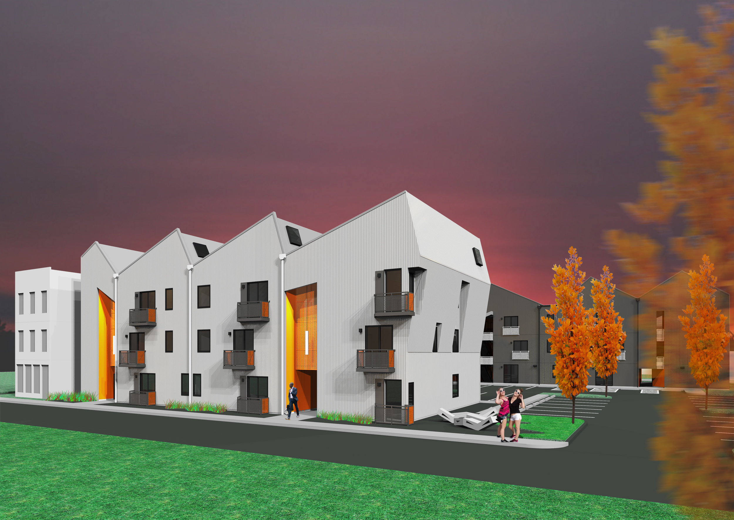 The two buildings, while identical in their planning, flip identities to respond to vastly different street characteristics: Town Street being a wide thoroughfare connecting to downtown and Chapel Street being a more intimate and neighborhood street edge. Landscape elements by IMPLEMENT STUDIO will further accentuate these dual identites.