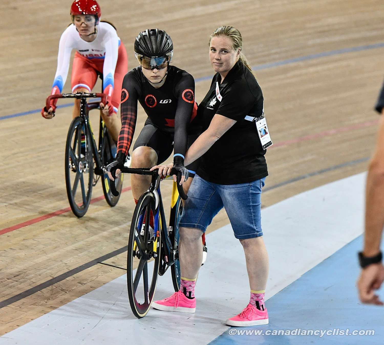 Coach Jenny Trew sets Devaney for the Scratch Race -