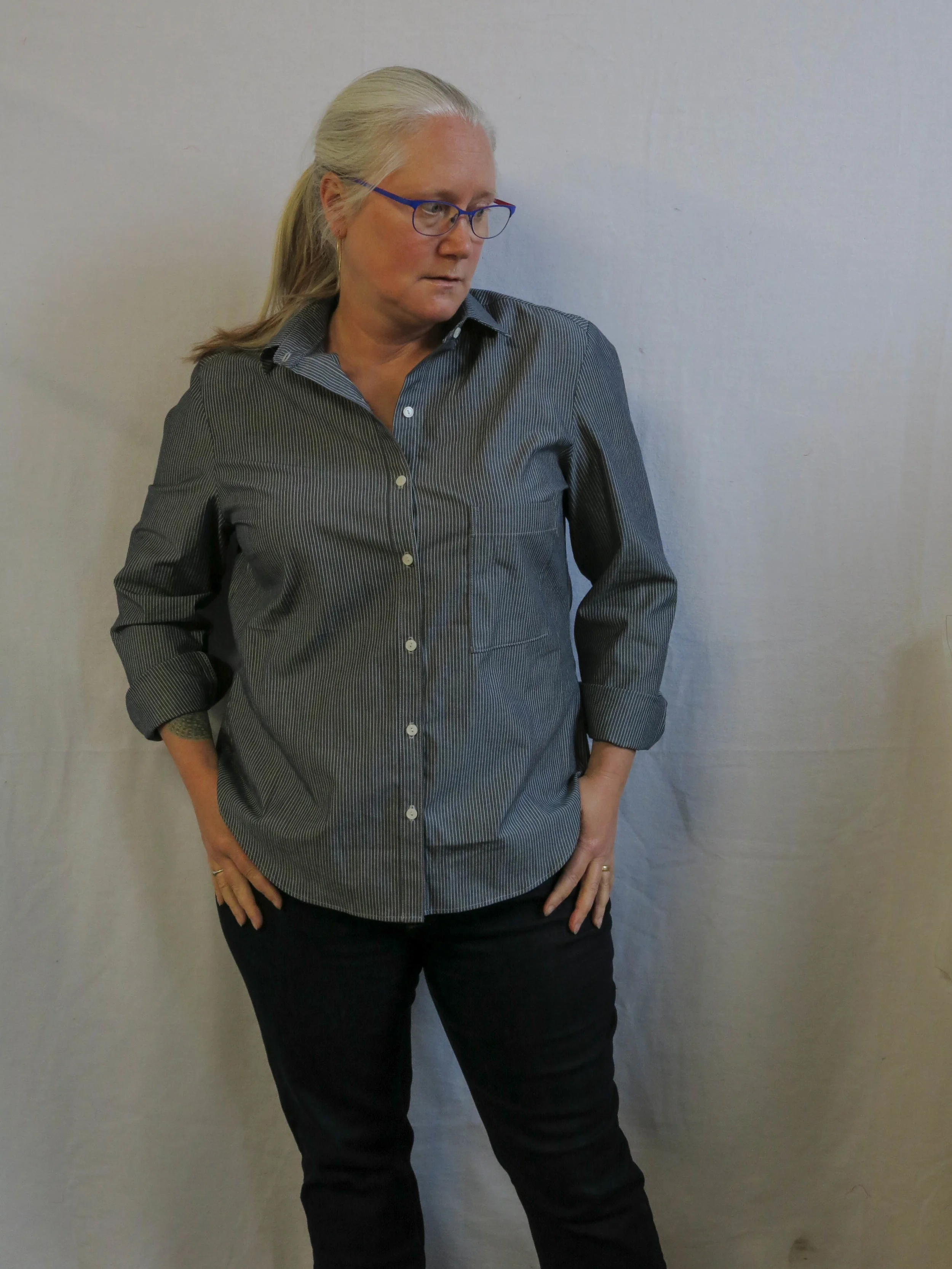 Archer. Grey pinstriped shirting.