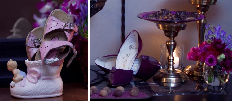 We used the guest of honor's baby shoes and a shoe decoration from her nursery as part of party decor. Photo by Mollie Wetta Photography