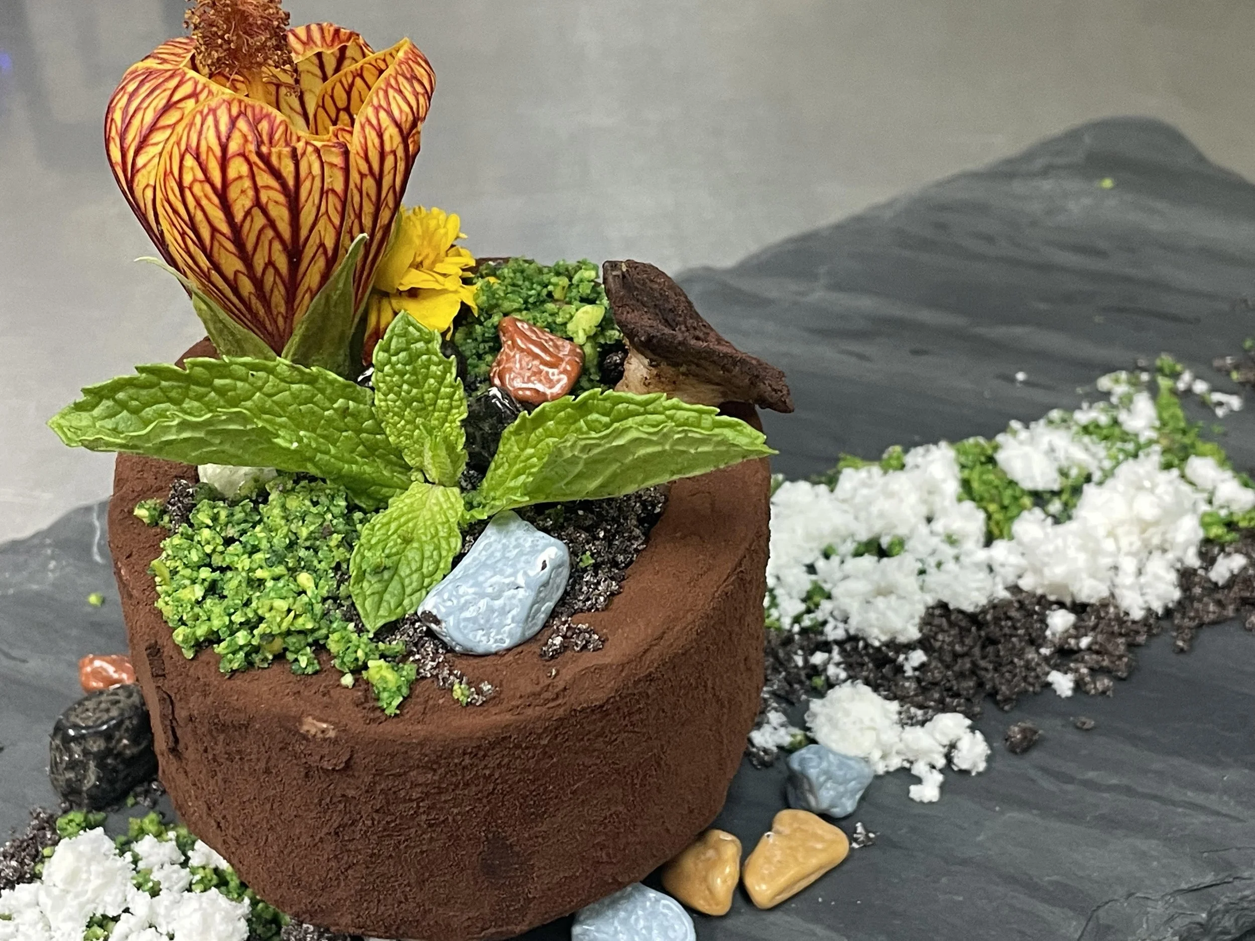A dessert resembling a mini garden with edible decorative elements, including a flower-shaped chocolate, mint leaves, colorful candies, and crumbs on a black slate serving plate.