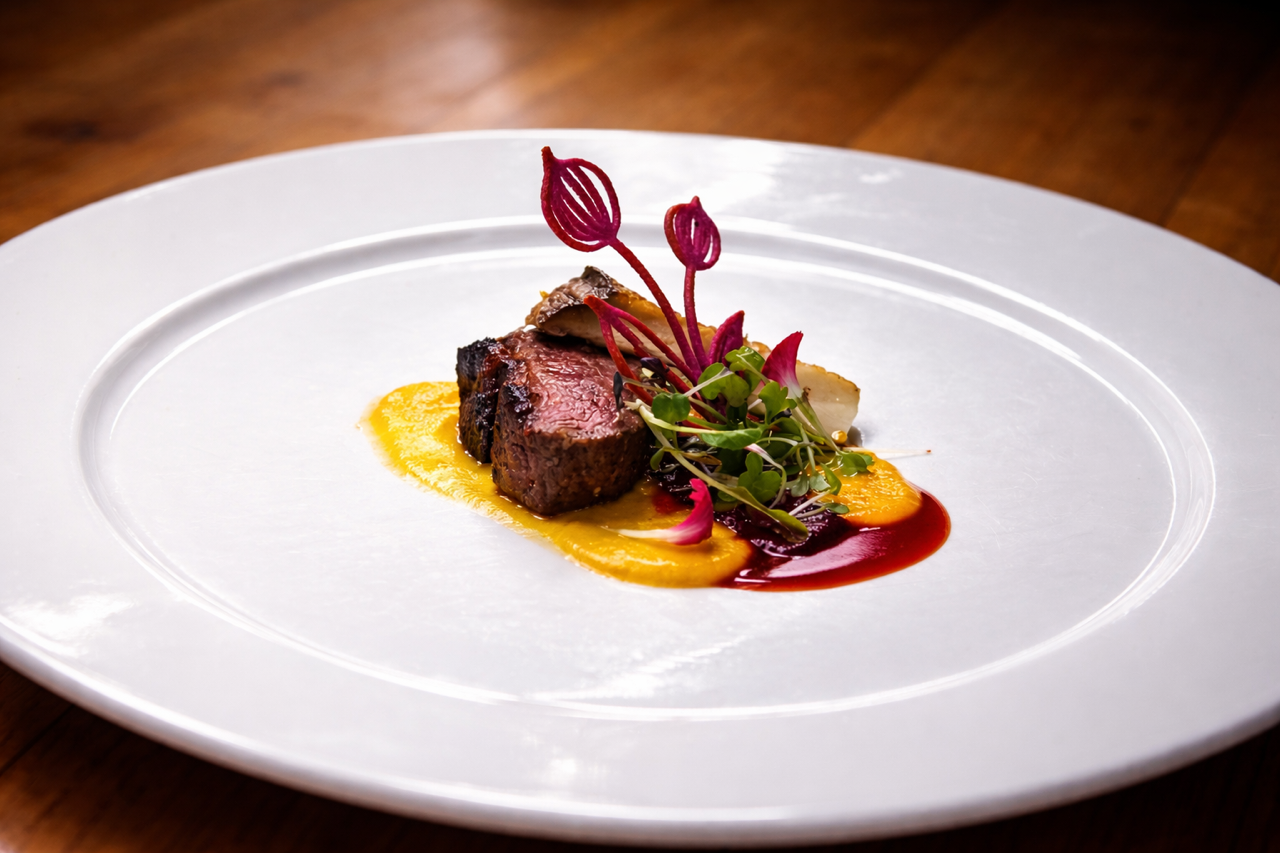 A gourmet plate with a cooked steak, garnished with colorful microgreens, sauces, and artistic edible decorations on a white plate.