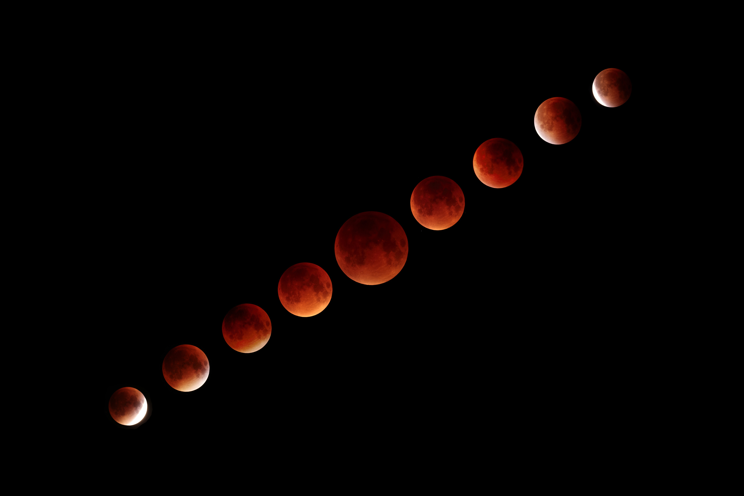 2015 Lunar Eclipse Collage - This is a collage of the 2015 Lunar Eclipse from start to fini sh. The center image is the eclipse in full totality.