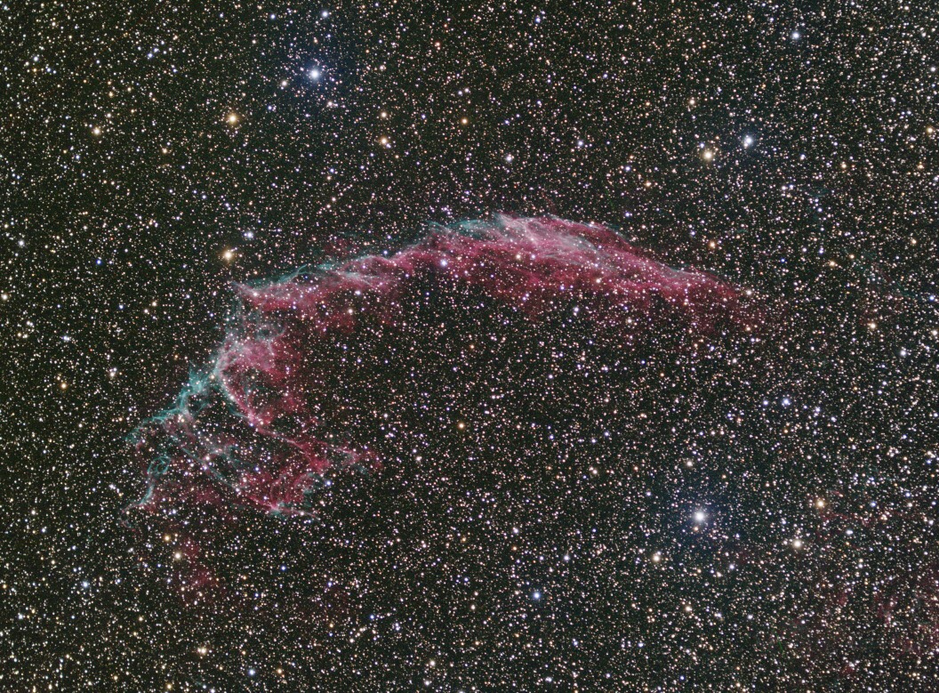 NCG6992 - Eastern Veil - This is the eastern portion of the super nova remnant, the Cygnus Loop. Is it roughly 1500ly from earth. The super nova exploded around 3000-6000 years ago and is visible in the three parts; the Eastern Veil, Western Veil and Pickering's Triangle. This is around 2hrs of exposure time in the three wavelengths, Red, Green and Blue.