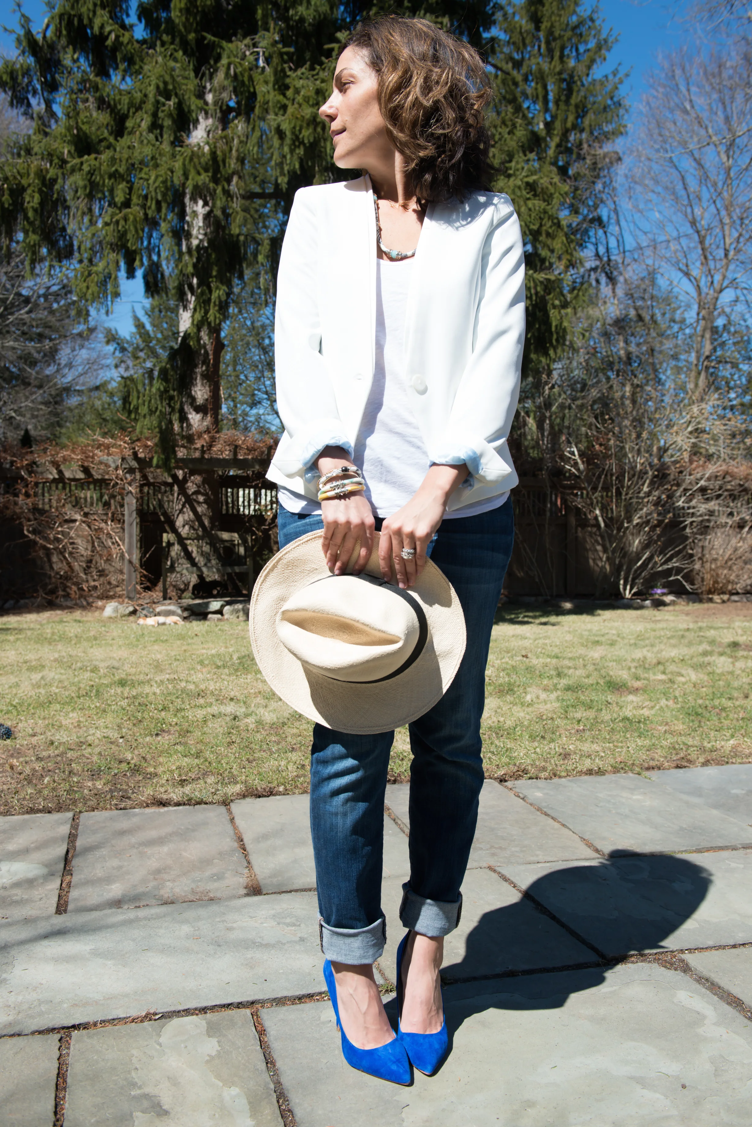Such a simple look, but with so much power behind it with a pop of color. Razimus VIVE Neck to Wrist (part of giveaway) + Razimus Fabric Bangles ( here ) Zara white blazer (here ), StyleMint white tank ( here ), Joe's Boyfriend Jeans (similar here ), J.Crew Panama Hat (similar here ), Shoemint Blue Suede shoes (similar here ). Photography by Will Mann Photography .