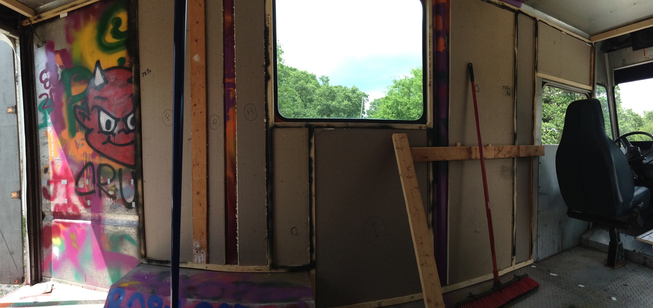 You can see the black from the outlining spray paint on the wood, and the little shim around the window. I'll wrap a thin aluminum strip along the gasket of the window, resting against the wood, so that I have a leetle tiny windowsill with curved edges :3 The back section on the left is where my scaffolding closet is, so it needs space more than it needs insulation. 