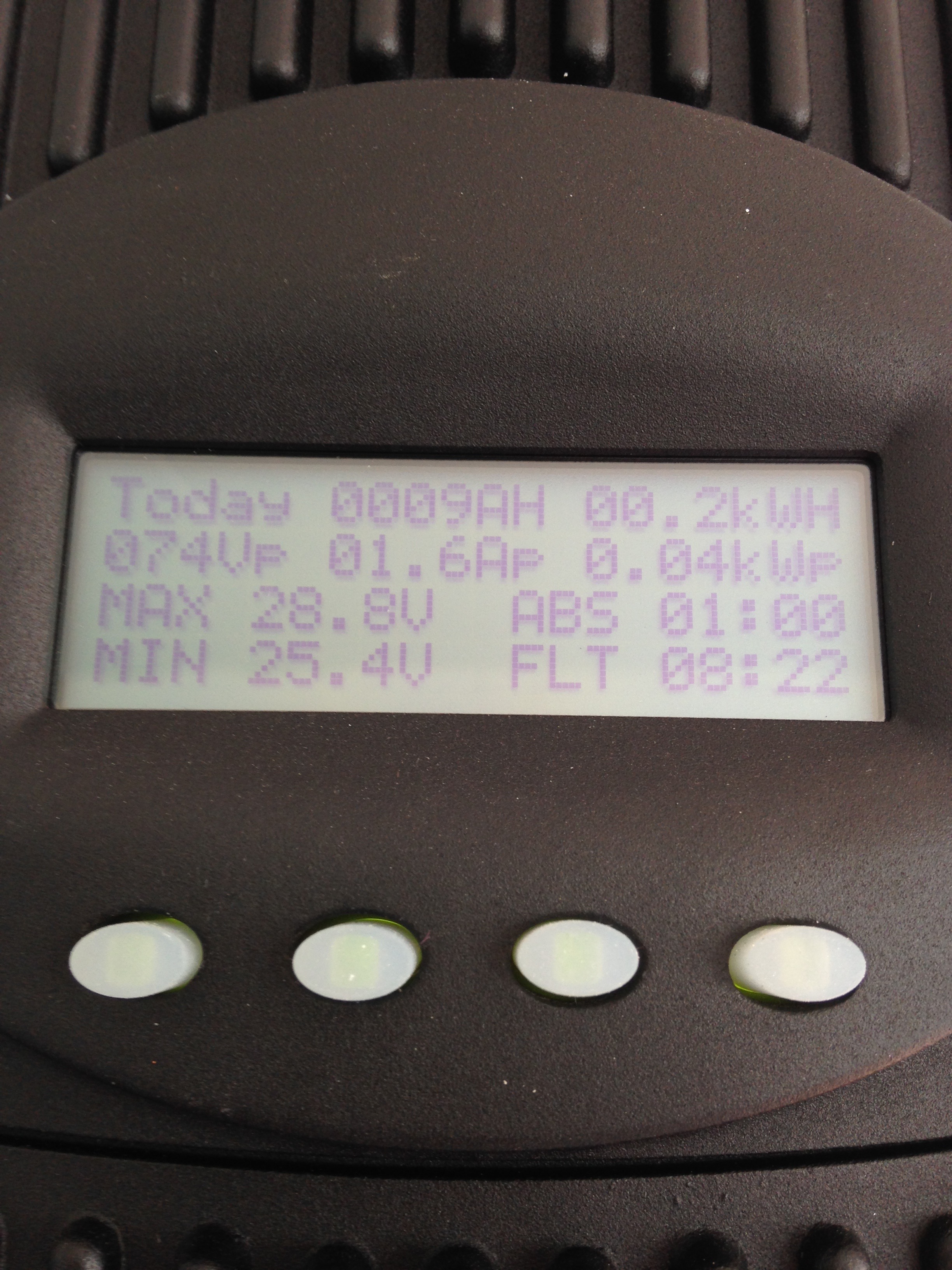 annnnd they're full! This is the charge controller screen, showing information about how the panels are charging the batteries - when, how fast, etc. "Floating" means that they are fully charged. 