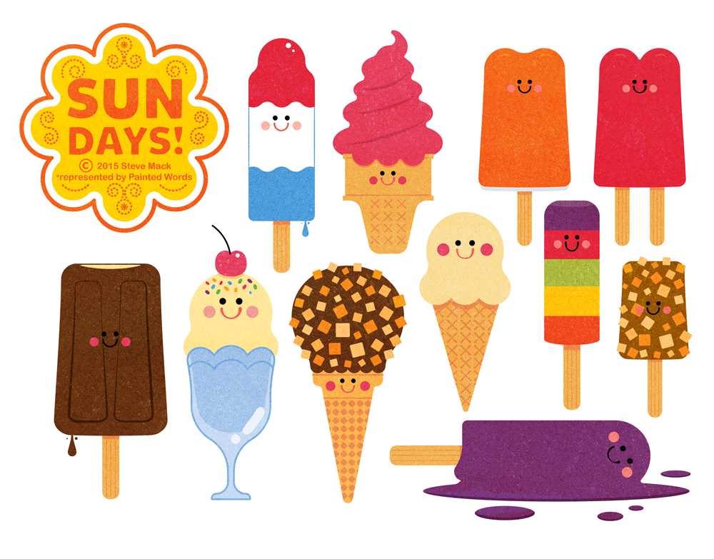 Title: Sun Days Ice Cream Collection Part 1 By Steve Mack Illustrator: Steve Mack All inquiries for images can be sent to: Steve Mack Illustrator steve@stevemack.com Lori Nowicki Painted Words Licensing Agent lori@painted-words.com