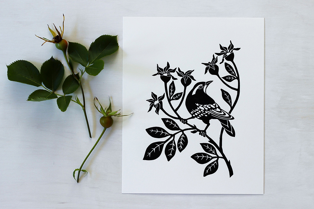 Copy of Thrush in Rose Hips Block Print