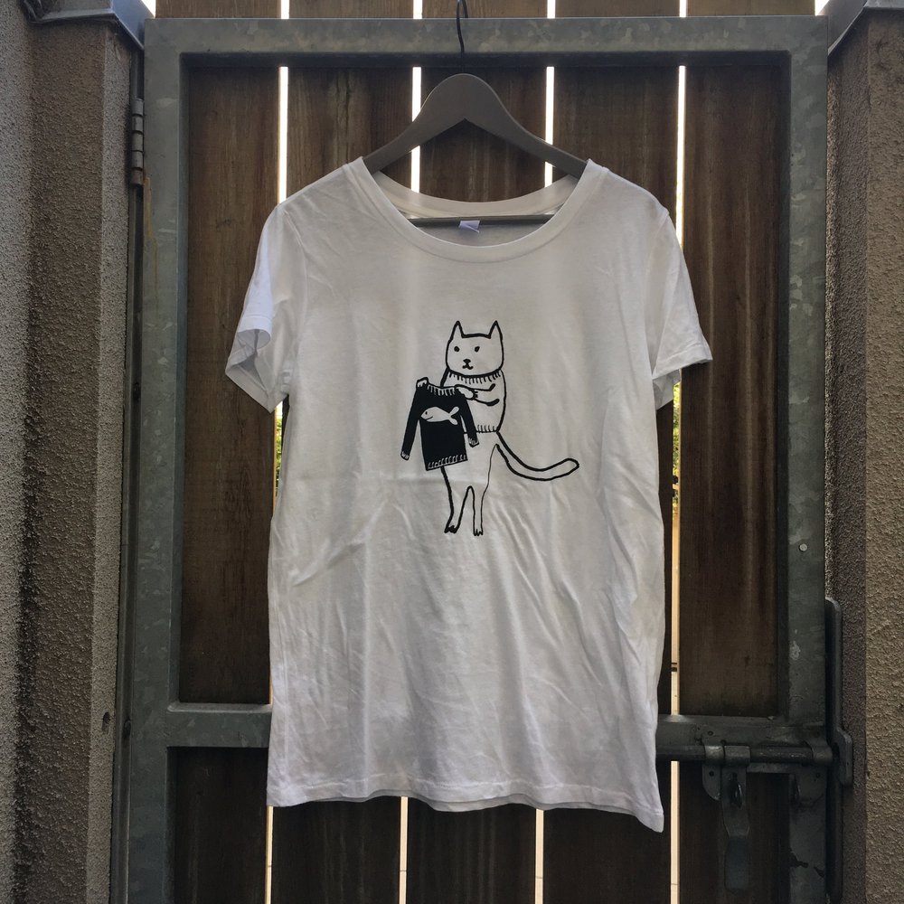 Cat Shopping for Fish Sweater tee (vintage garment dyed crew tee) — RITSUKO  HIRAI Textile Design San Francisco, California