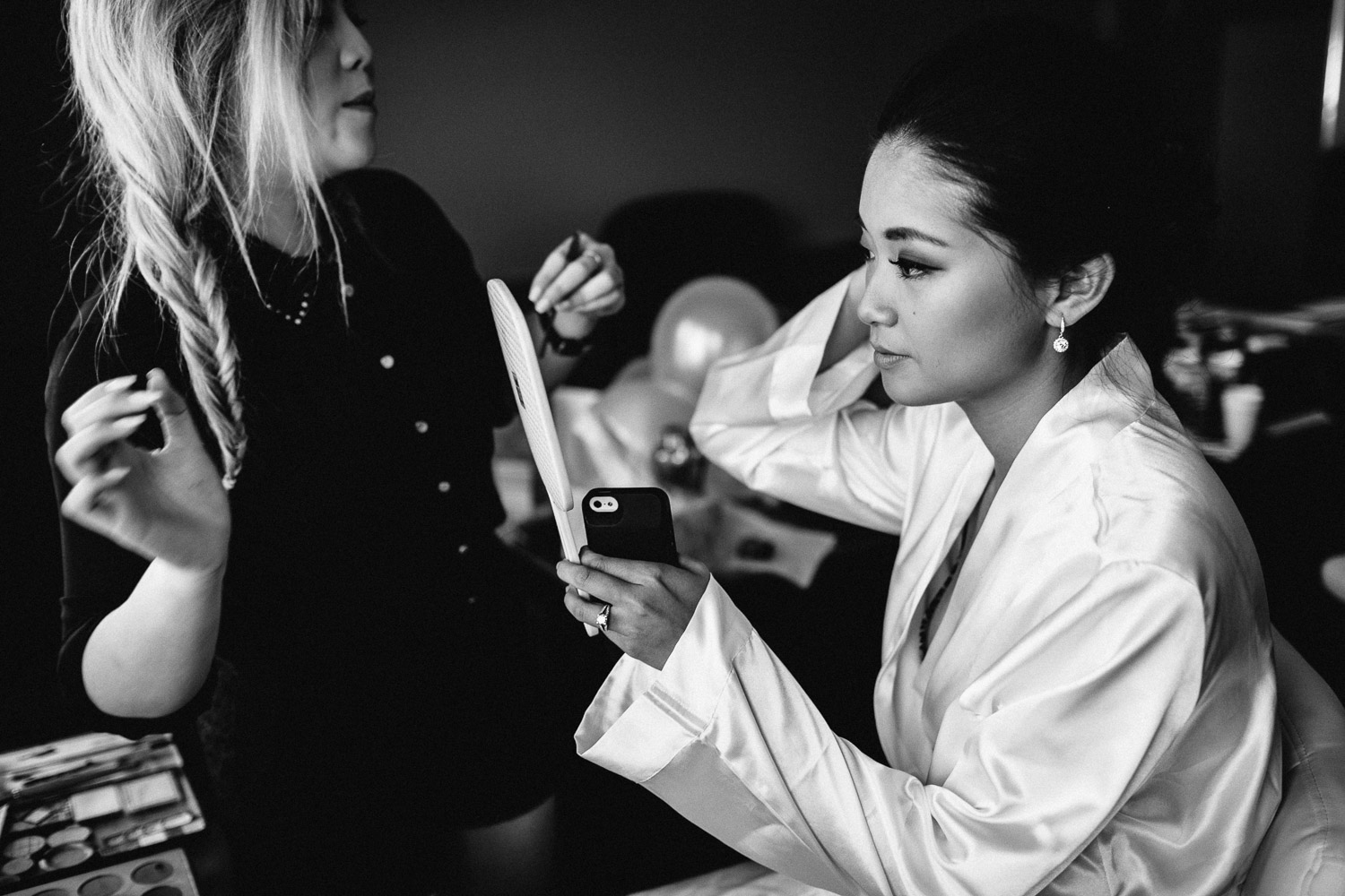 bride getting ready in burnaby black and white wedding photography