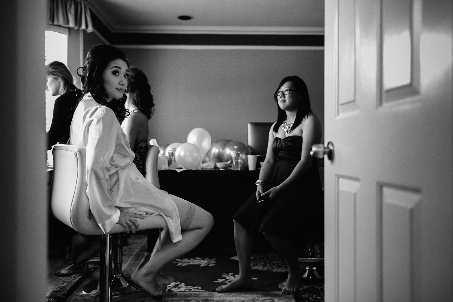 bride on her wedding day in burnaby photography black and white