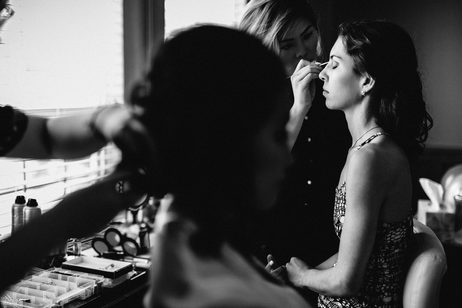 bridesmaid getting ready with bride burnaby wedding photography black and white