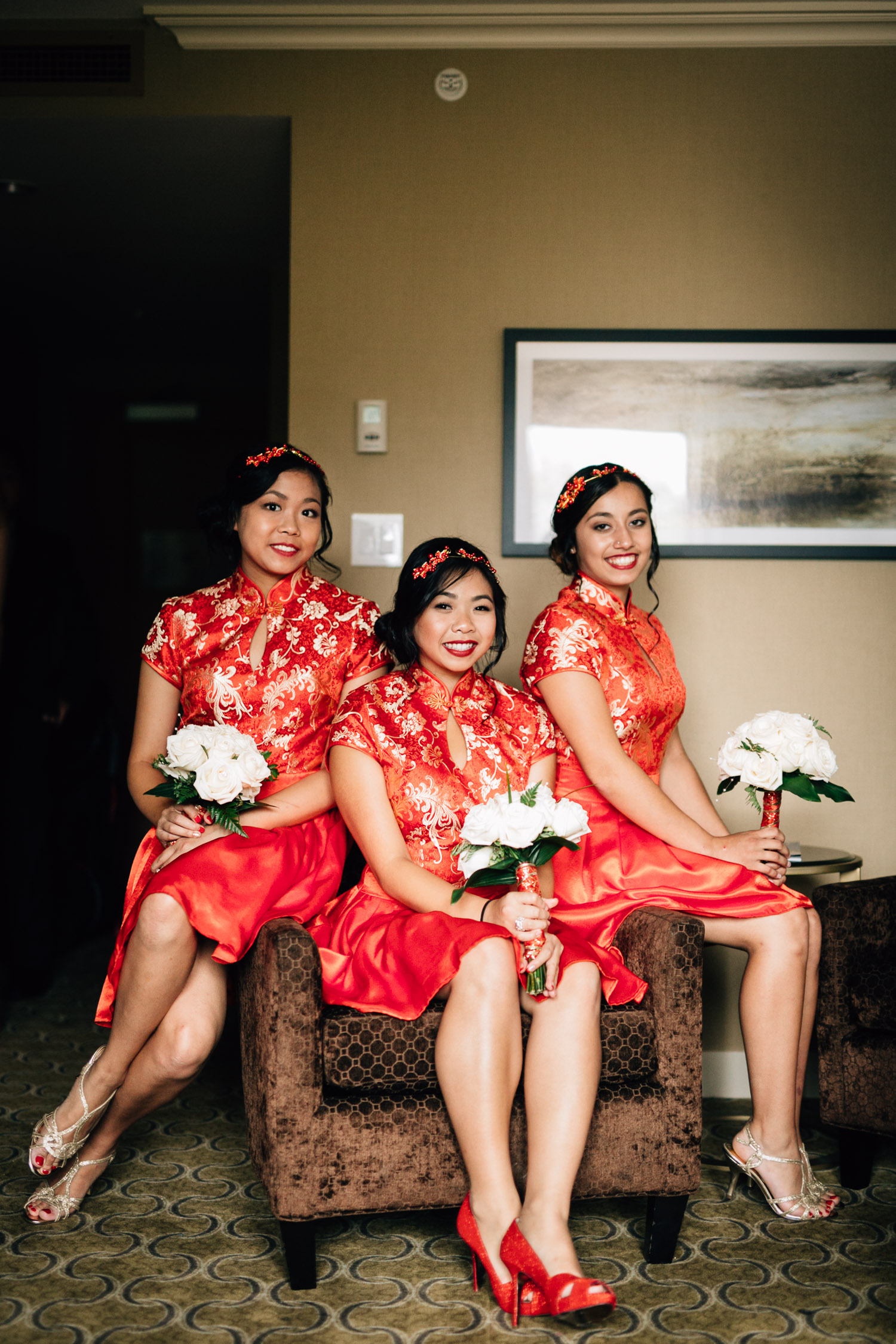 bridesmaids in chinese traditional outfit richmond wedding photograph river rock