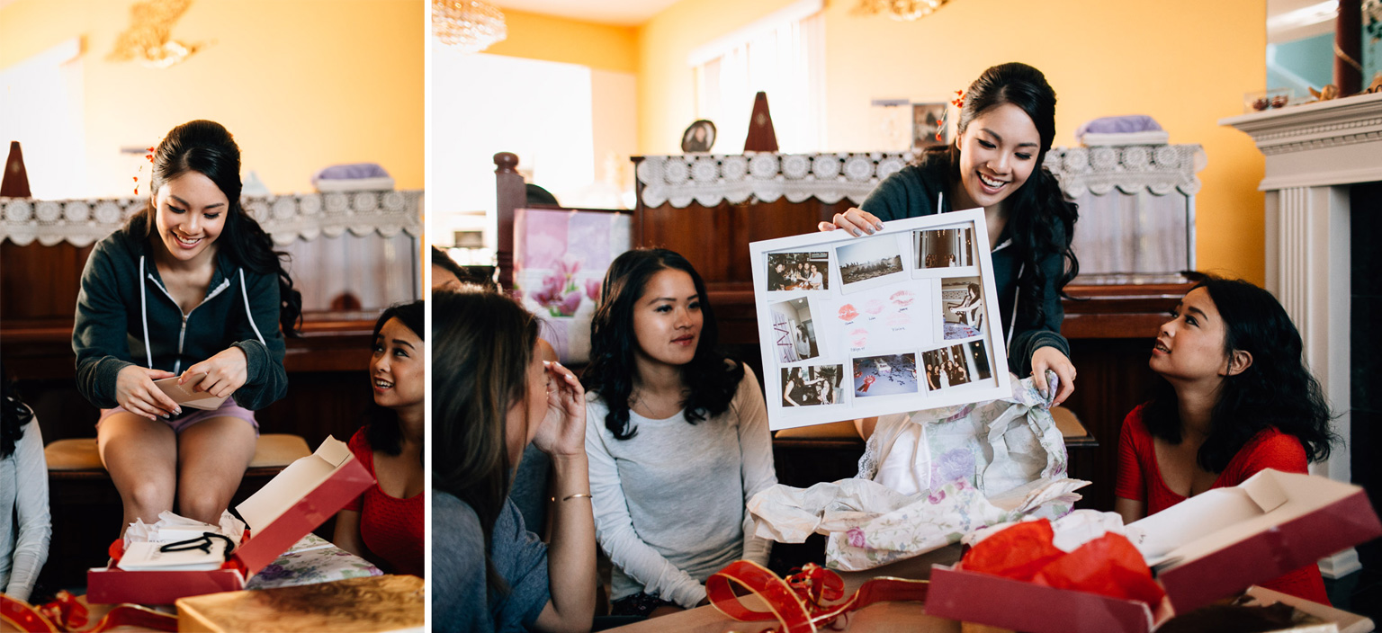 vancouver wedding photographer bride exchange gifts with bridesmaid