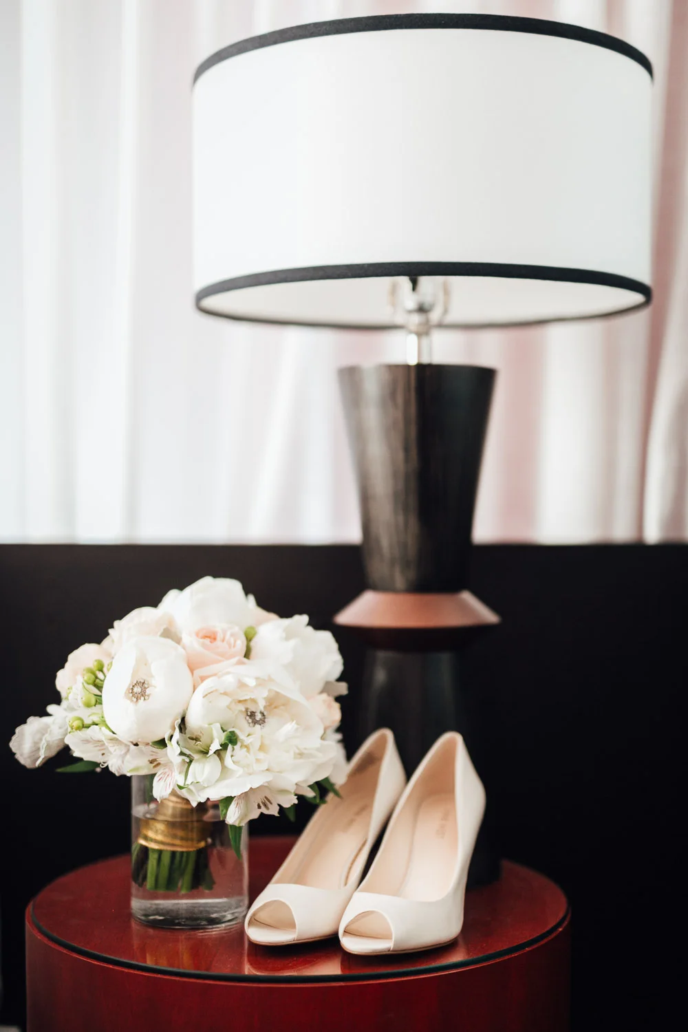 bride's bouquet and shoes getting ready in yaletown vancouver bc wedding
