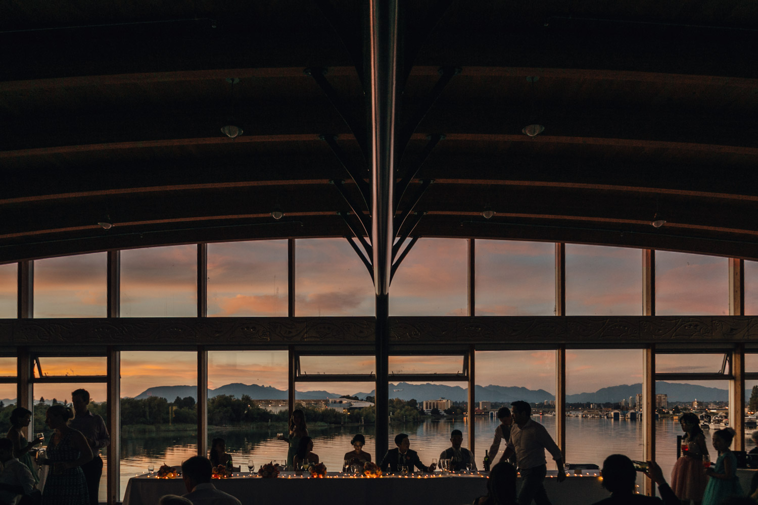 richmond wedding reception at ubc boathouse during sunset photography