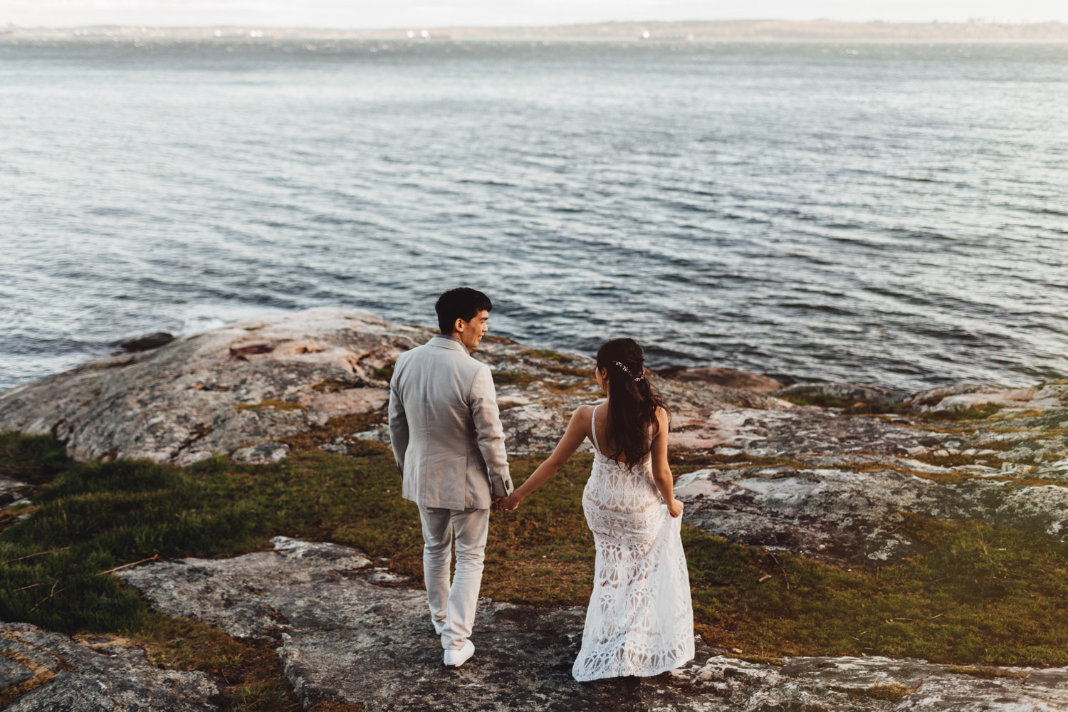 west vancouver engagement photography rocks water and sunset during golden hour