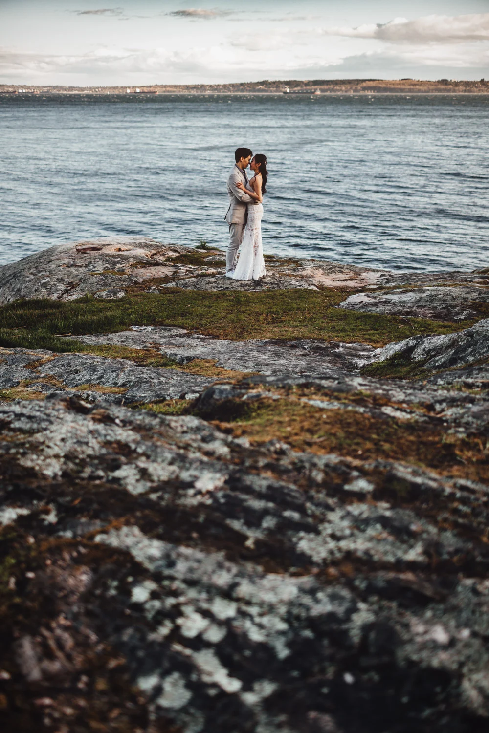 west vancouver engagement photography rocks water and sunset during golden hour