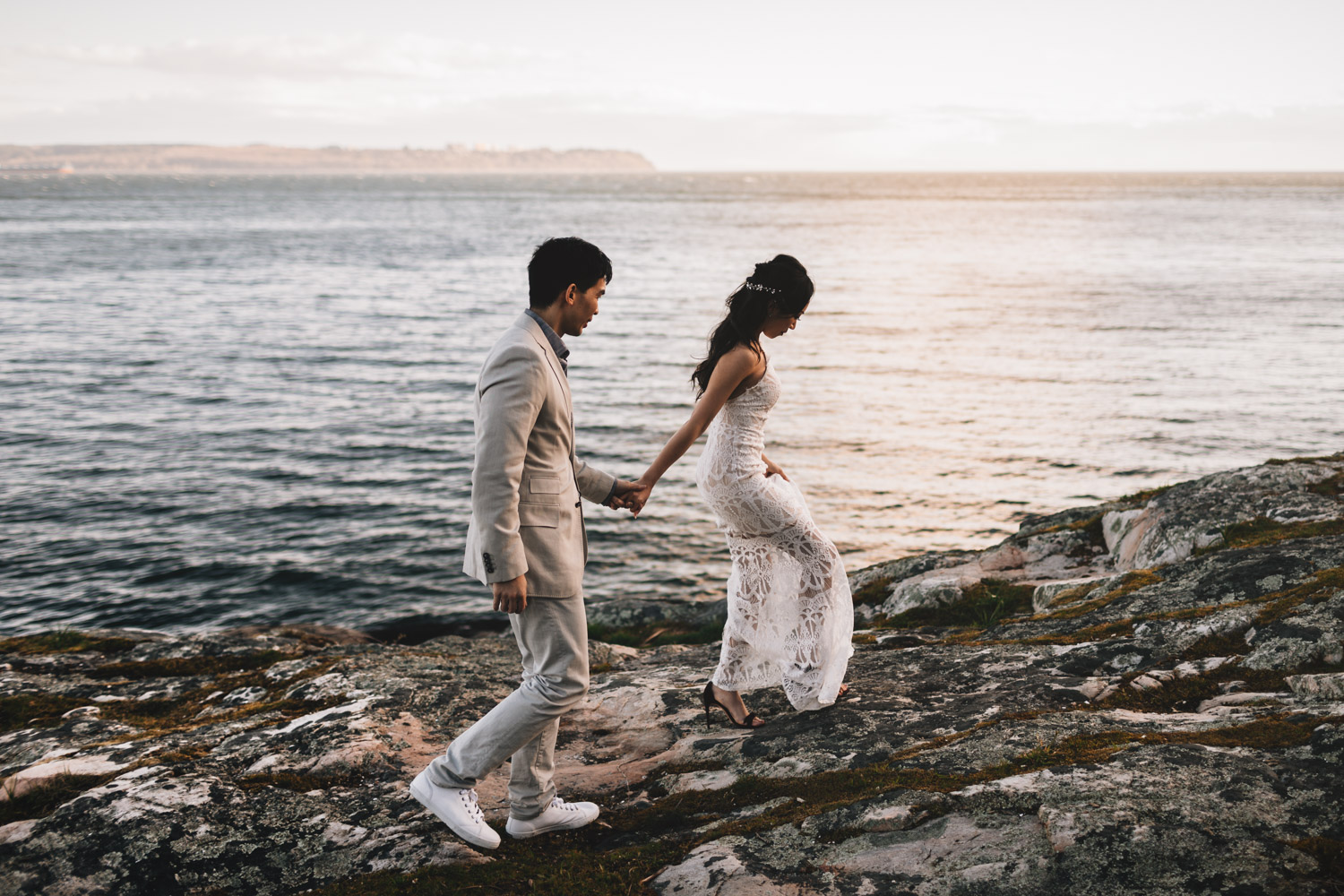 west vancouver engagement photography rocks water and sunset during golden hour