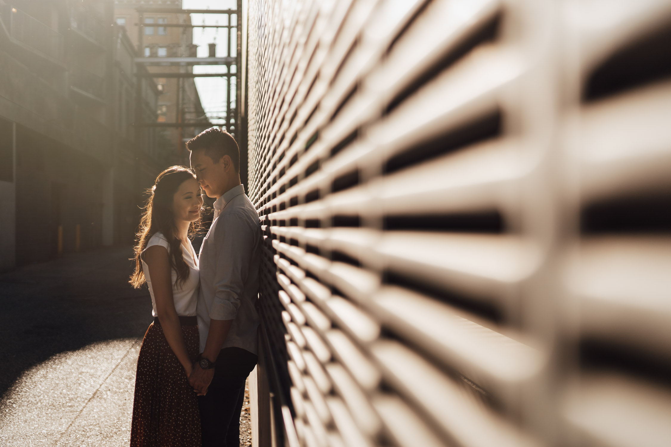 vancouver engagement photography in gastown during sunset vancouver bc
