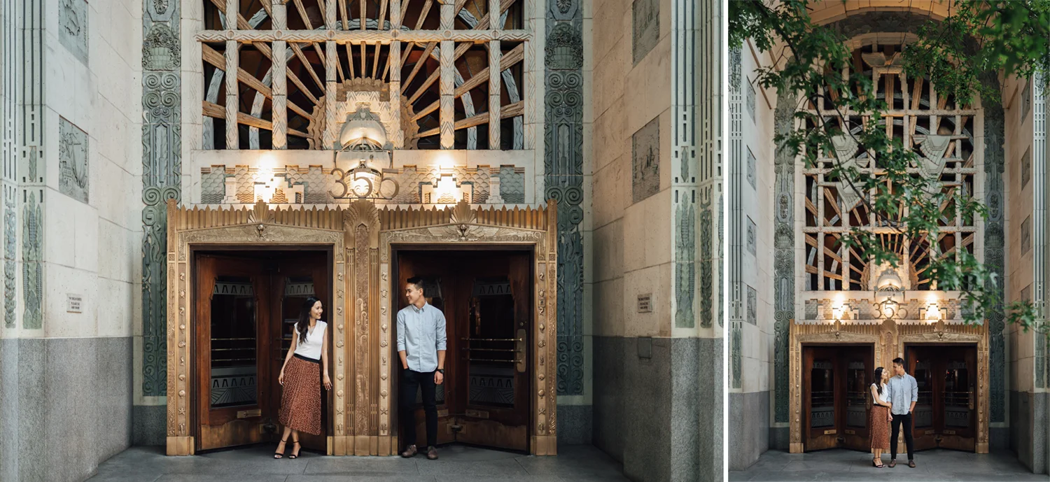 coal harbour engagement photography in vancouver bc during sunset marine building