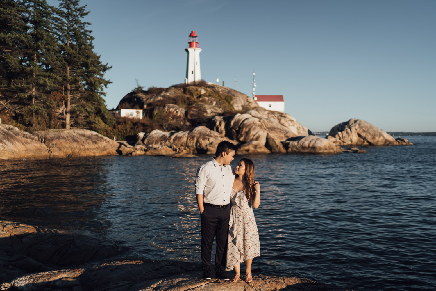 west vancouver engagement photography at lighthouse park during a summer sunset film