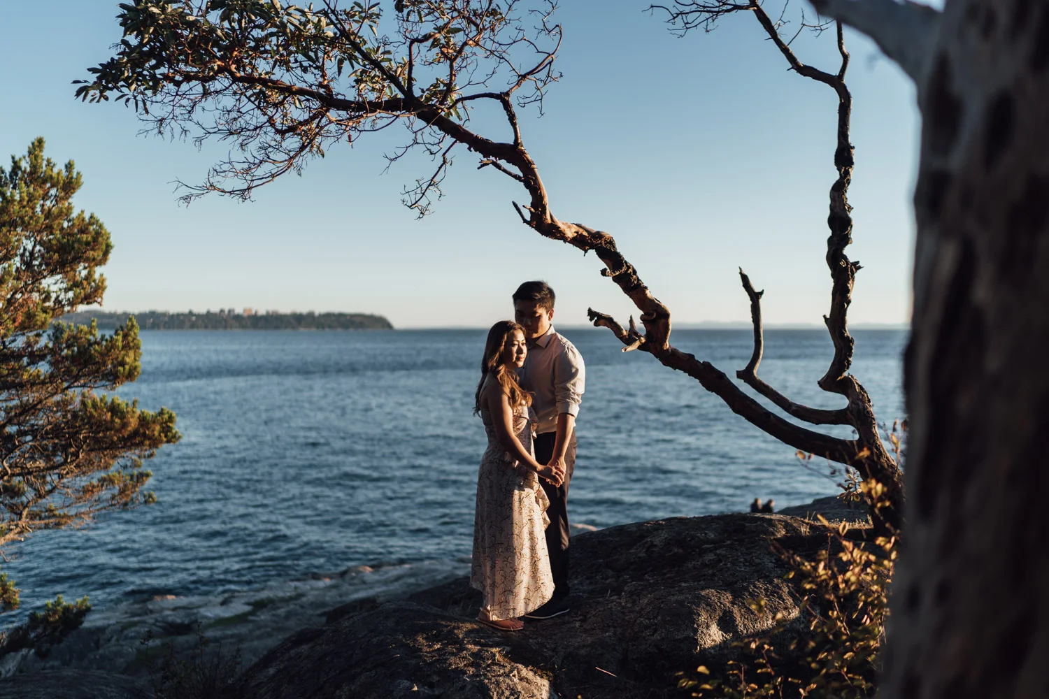 west vancouver engagement photography at lighthouse park during a summer sunset film