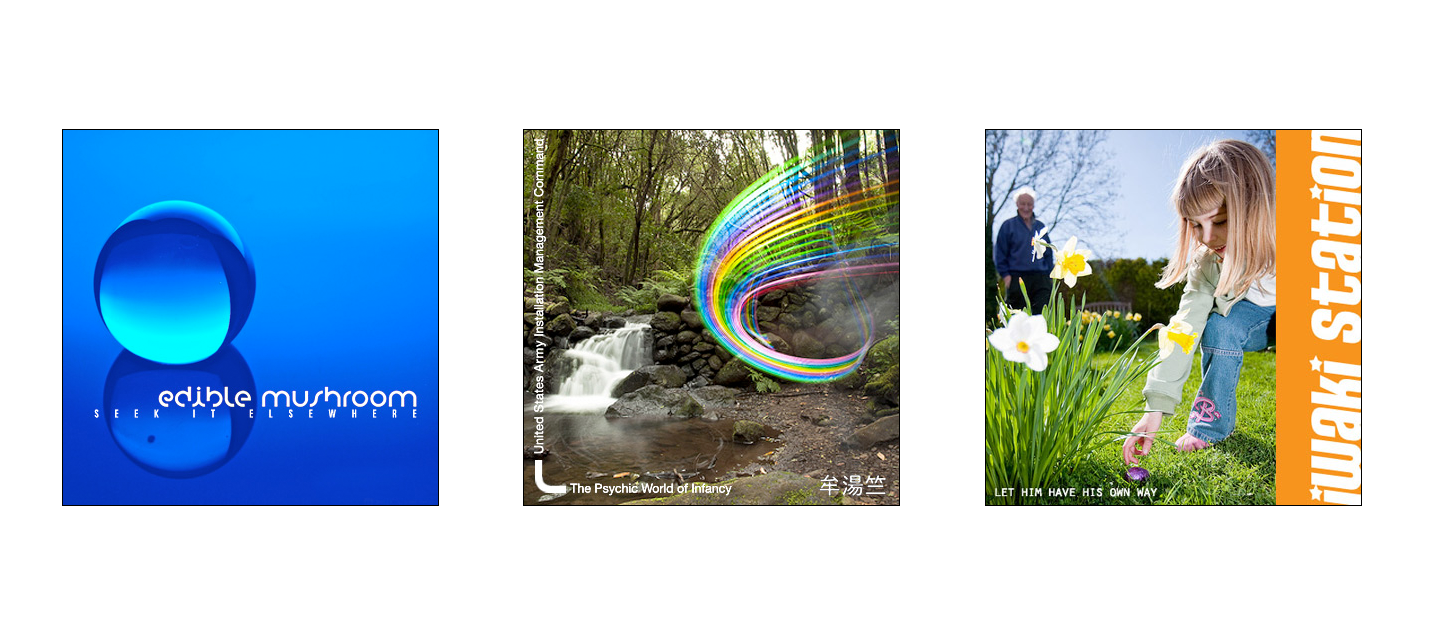 Off-hours graphic design fun. Album cover art based on this game , the Random Band Name Generator, but "next level" in that I gave myself three tries instead of one. Exponentially better options... (I OWN NO IMAGES.)