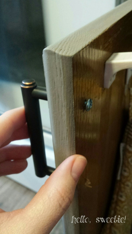 pre-drill holes through front, use screwdriver to secure hardware from back