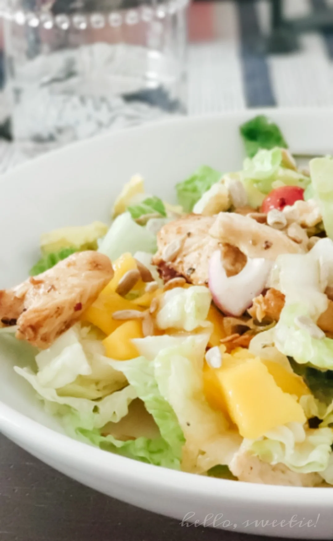 California Summer Salad, with mango, citrus marinated chicken as and avocado. 