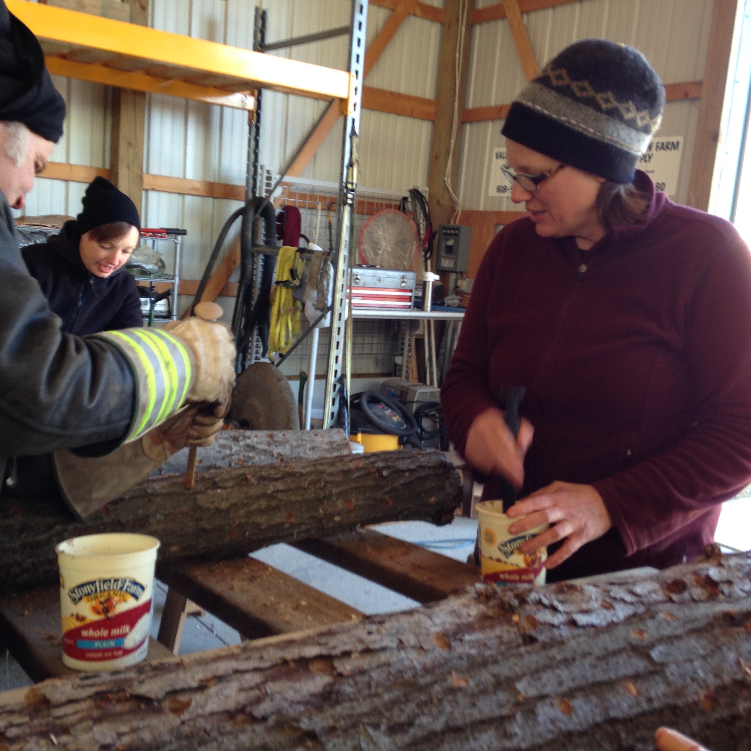  Eric and Leah take a turn on the assembly line using specialized wands to poke sawdust spawn into the pre-drilled holes 