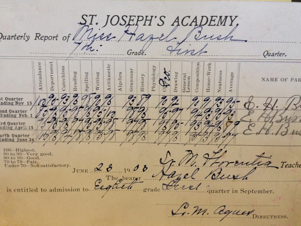  Hazel Bush's 7th grade report card from 1908 