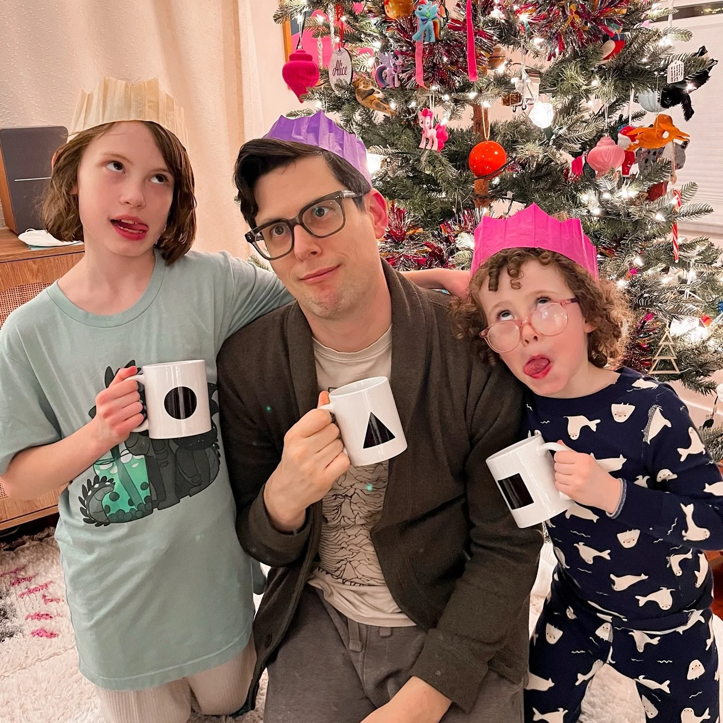 Merry and happy! We have always loved the mugs that Circle, Square, and Triangle use on Shape Island&mdash;but have never been able to find any. So, for Christmas, I made a few myself for these three. (PS., the square and triangle mugs should probabl