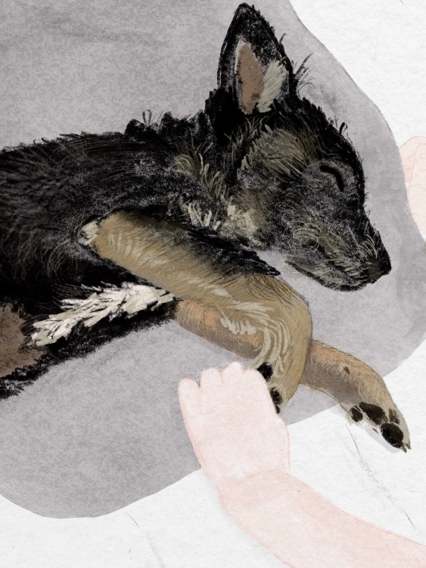 Sleepy Ralphie holding Olive&rsquo;s hand. Drawing has been quite a respite lately.