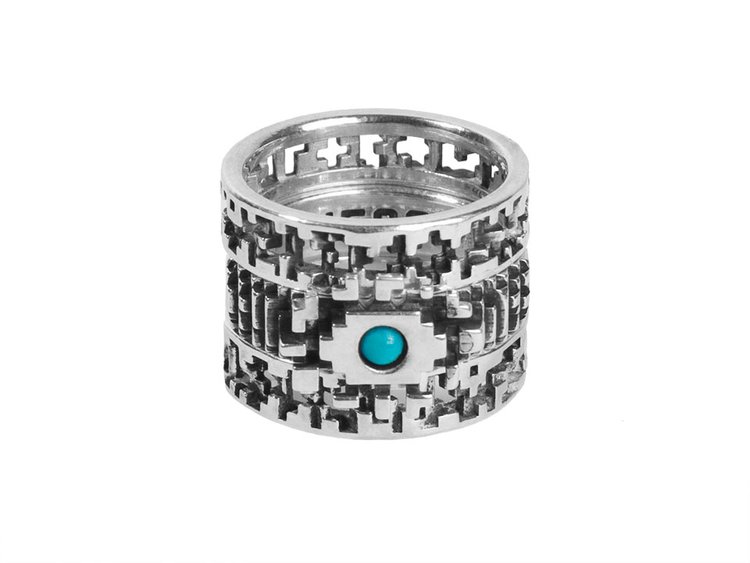Sterling silver Pixel Eye Ring Stack with turquoise