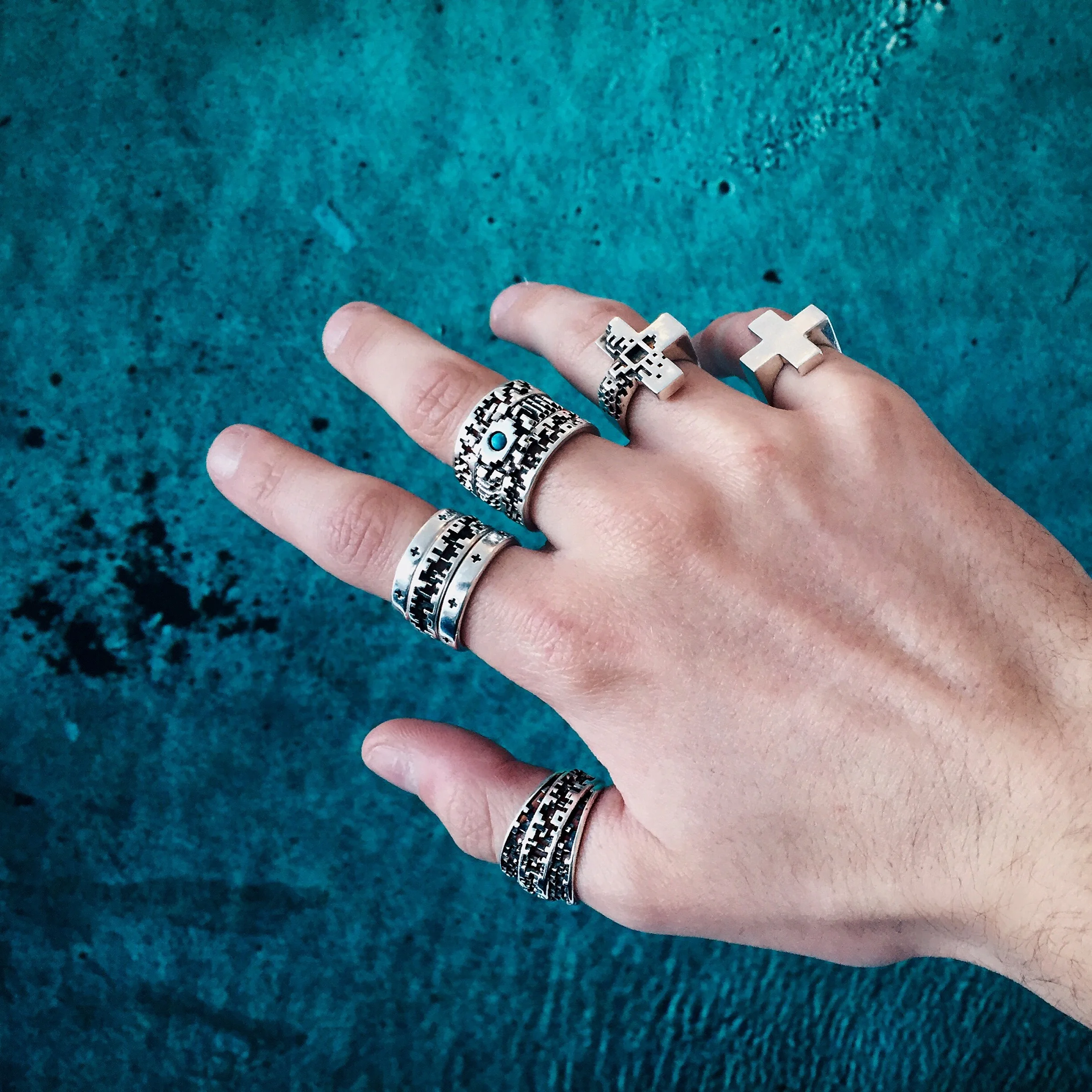 pixel eye evileye pixelated 3dprinted lucasplus jewelry silver turquoise new mexico cabochon futuristic minecraft pixelation luca fersko hand style ringstacking mens unisex accessories