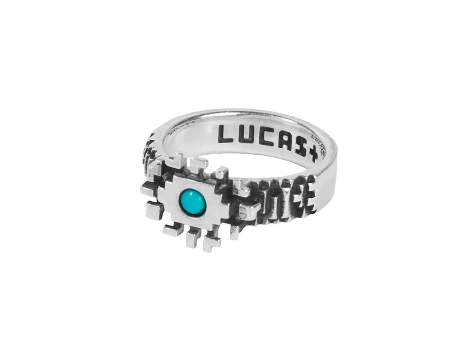 pixel eye evileye pixelated 3dprinted lucasplus jewelry silver turquoise new mexico cabochon futuristic minecraft pixelation