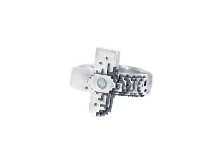 Pixelated Plus Ring set with an opal stone