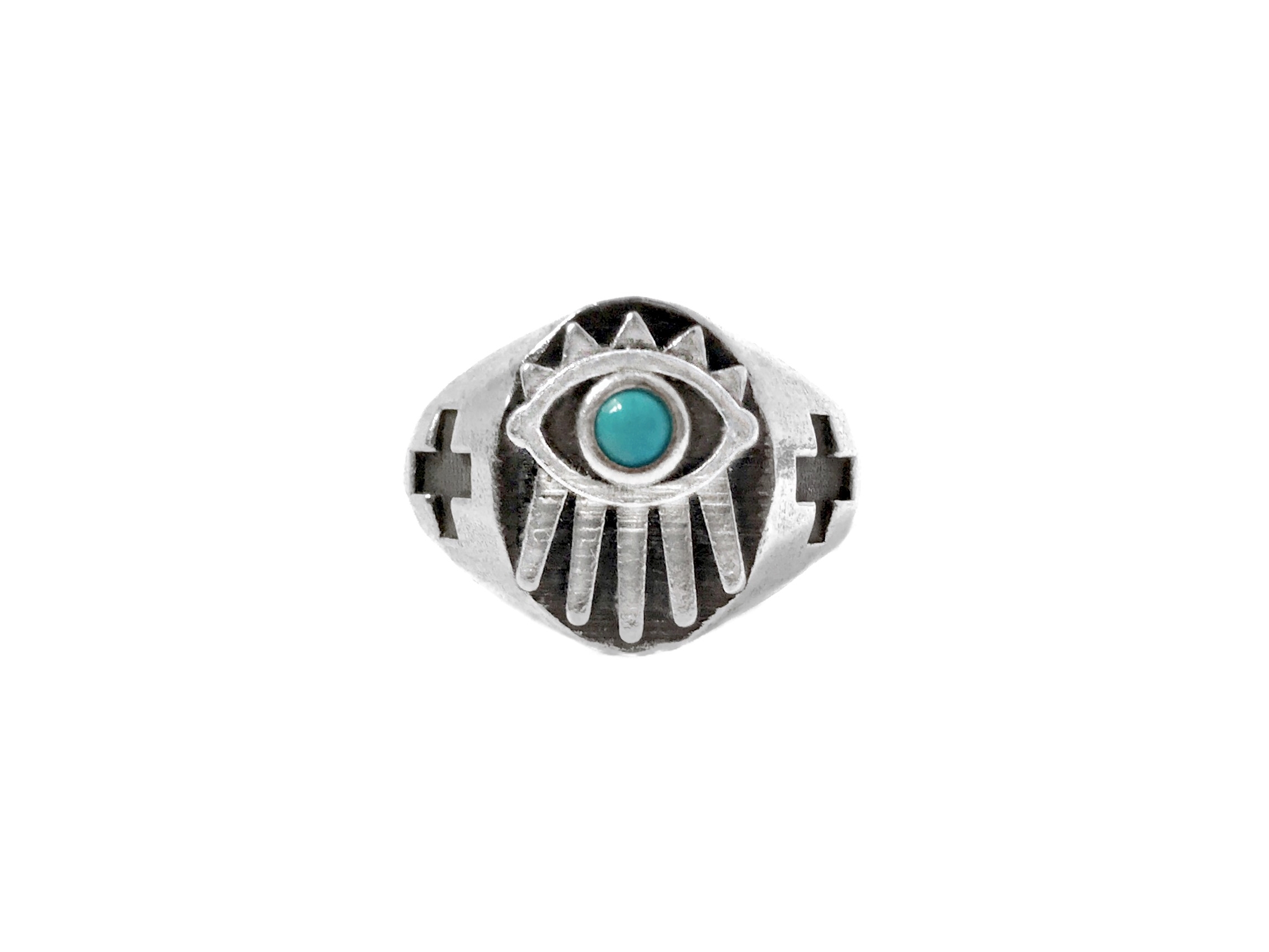 Eye Signet Ring plus symbol turquoise cabochon evileye oxidized silver antique new mexico style lucasplus mens unisex jewelry radiant positive energy attraction