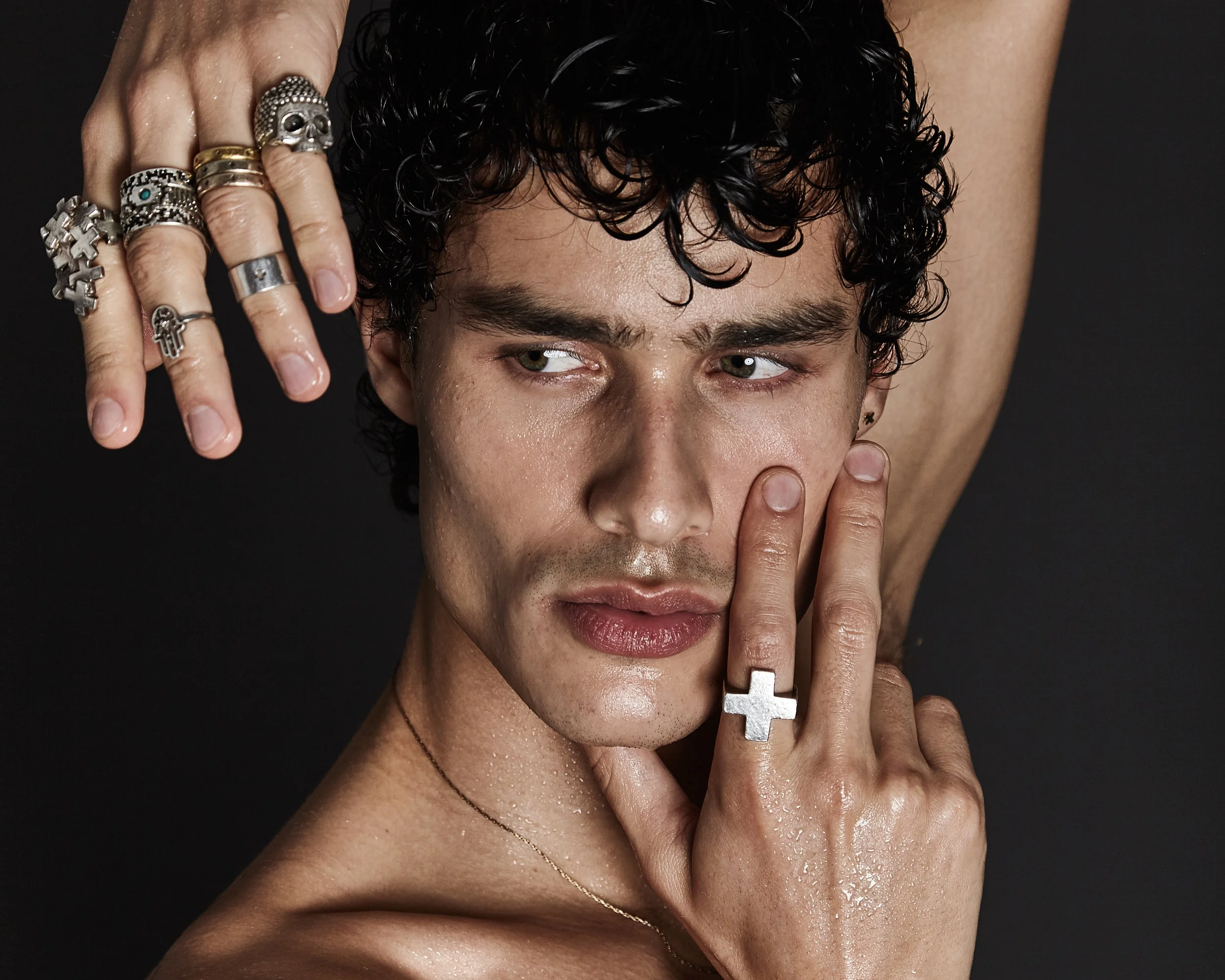 wilhelmina male model lucas goossens ring stack midi buddha skull plus symbol hand style unisex gay fashion rings necklace cuff silver and gold