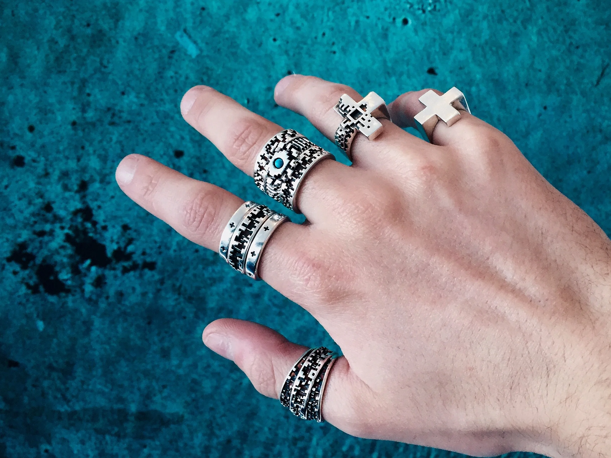 pixel band lucasplus ring pixelated minecraft 3dprinted jewelry oxidized silver new york tetris mens accessories unisex futuristic new mexico pixelation luca fersko stacking plus symbol
