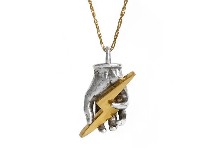 Hand of Zeus: sterling hand holding a gold lightning bolt