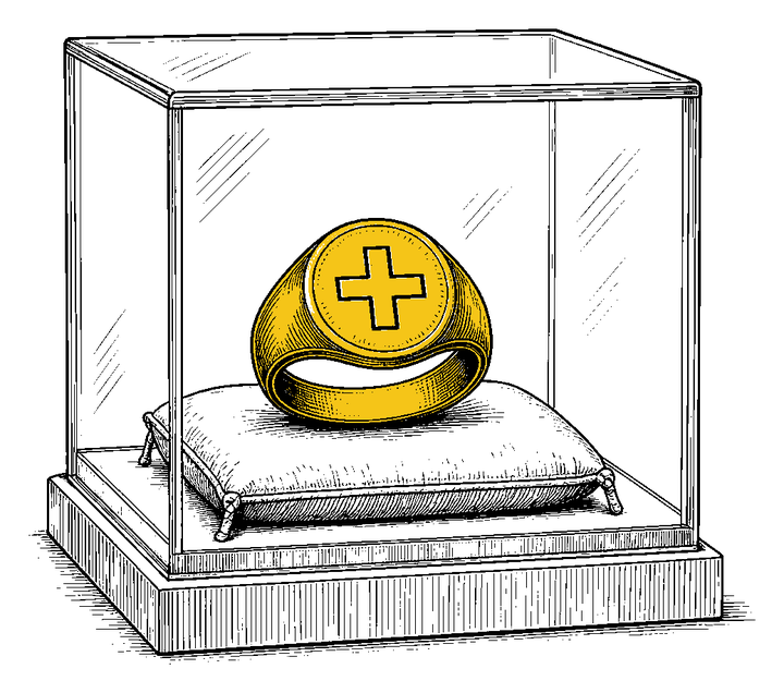 Illustration of a gold signet ring in a museum showcase