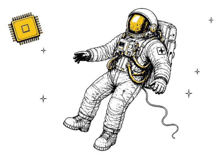 Illustration of an astronaut with a gold visor floating in space