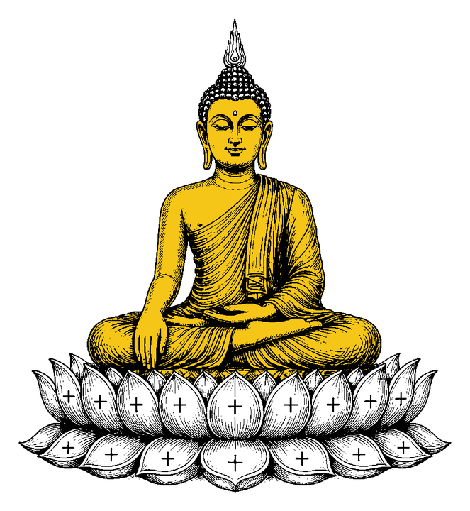 Illustration of a seated golden Buddha on a lotus base