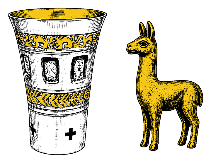 Illustration of an ancient Inca gold cup and a gold llama figurine