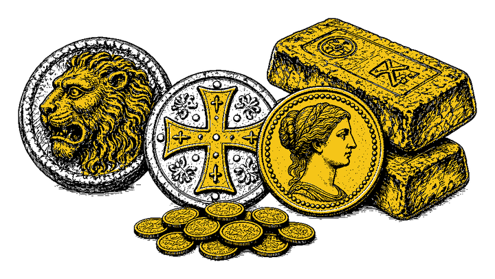 Illustration of ancient gold coins and stamped gold bars