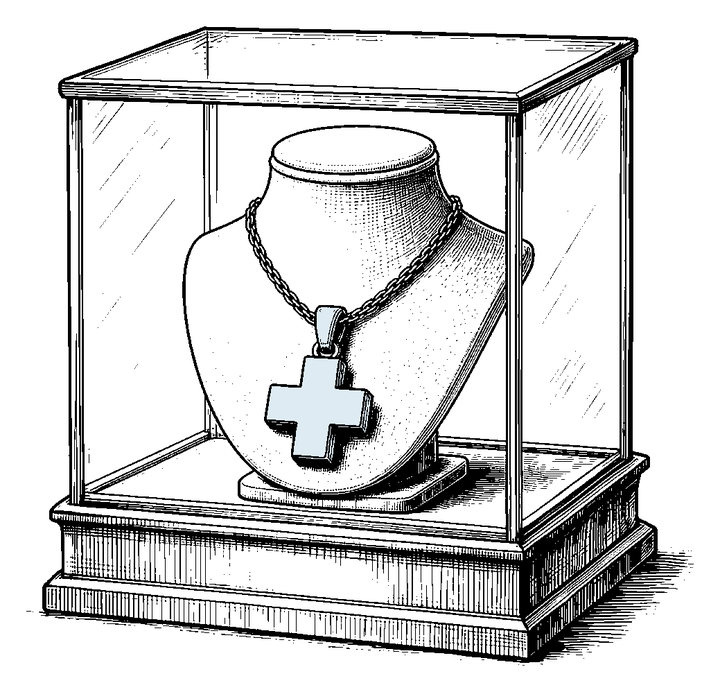 Illustration of a silver plus pendant on a necklace bust in a museum showcase