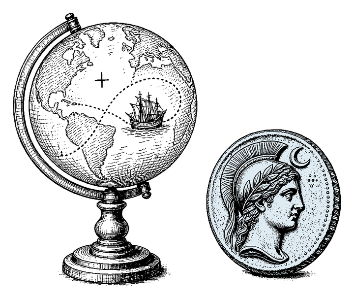 Illustration of an antique globe with a galleon sailing a dotted route, beside an ancient silver coin